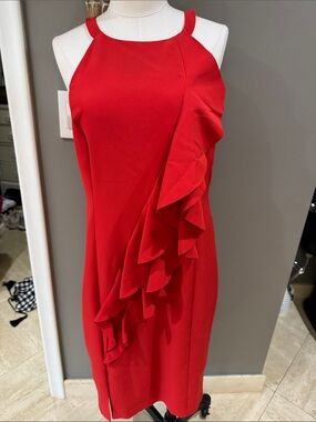 Vince Camuto Red Ruffle-Trim Midi Dress